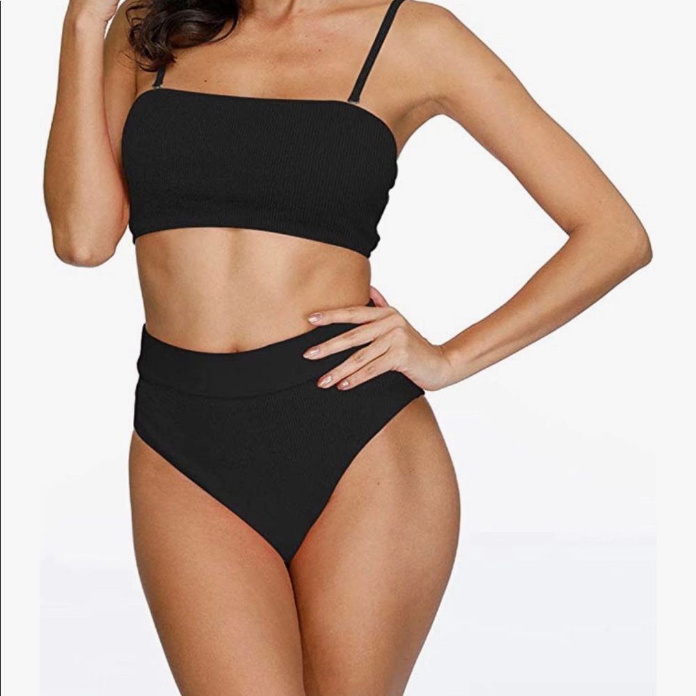 Black Ribbed High Cut Bandeau Bikini 2 pc- Small - Picture 3 of 6